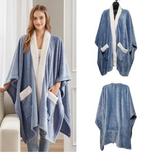 Premium Comfort Cozy Plush Blue & White Contrast Trim Wearable Wrap 50" x 70"